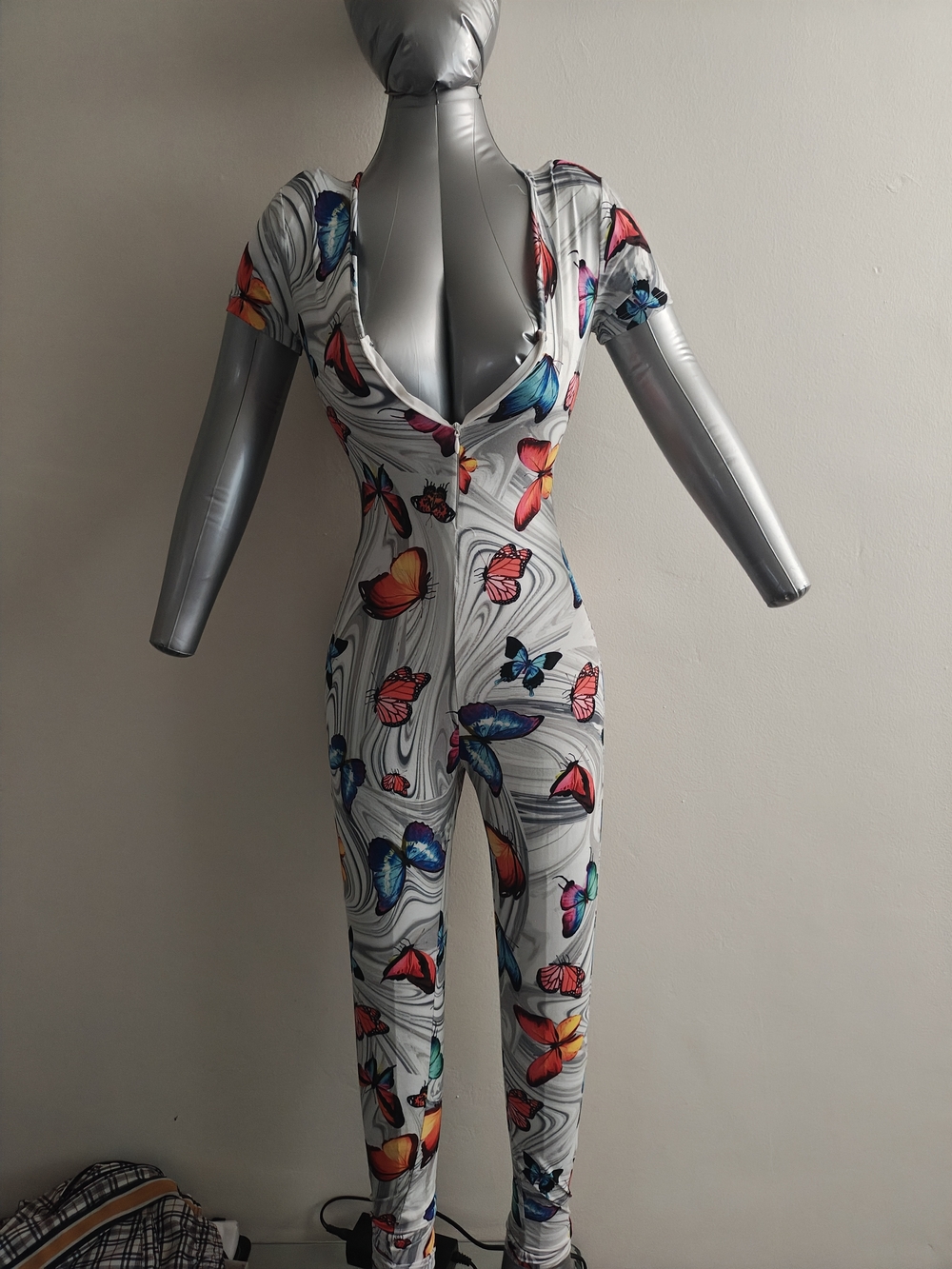 Butterfly Print Gray Jumpsuit - Women's Fitted One-Piece